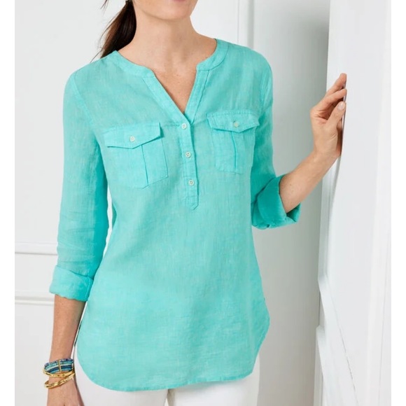 Talbots linen band collar popover cross dye bright green and yellow shirt size M - Picture 1 of 11